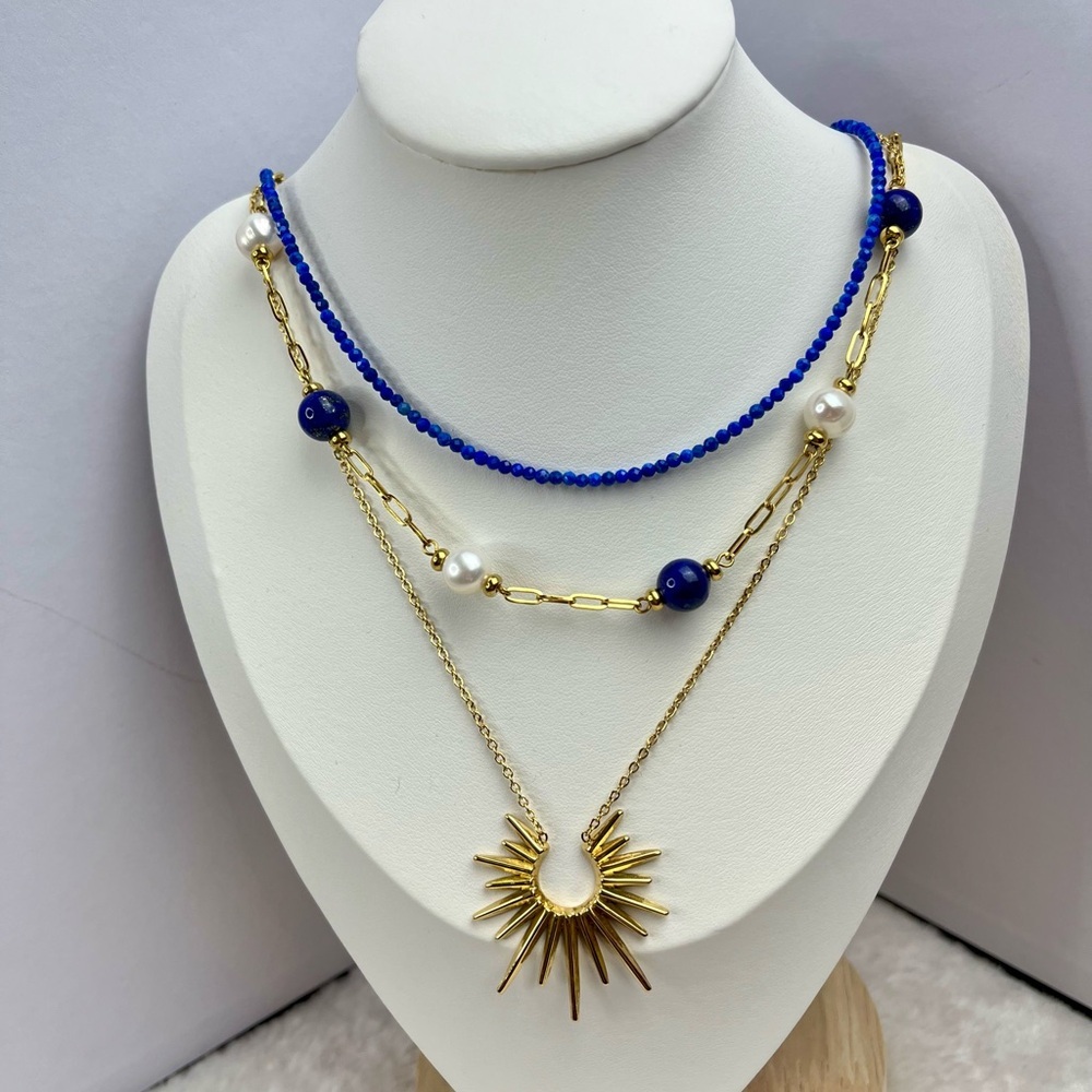 Lapis & pearl stainless steel stackable necklace sets